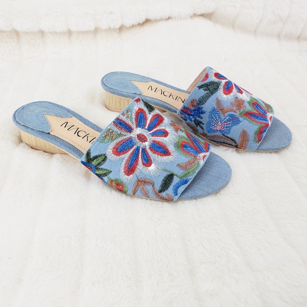 Flower Power Embroidered Denim slip on mule clogs Wood Wrap Heels 70's